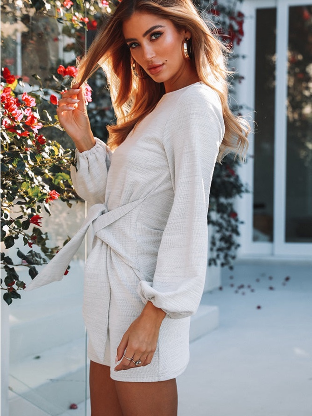 NWT Hello Molly Light Gray Tie-Front Long Sleeve Dress, Small/4 - Picture 3 of 9